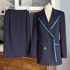 Vintage Louis Feraud Wool Jacket Skirt Suit Set Navy Blue w/ Stain Trim Sz US 4