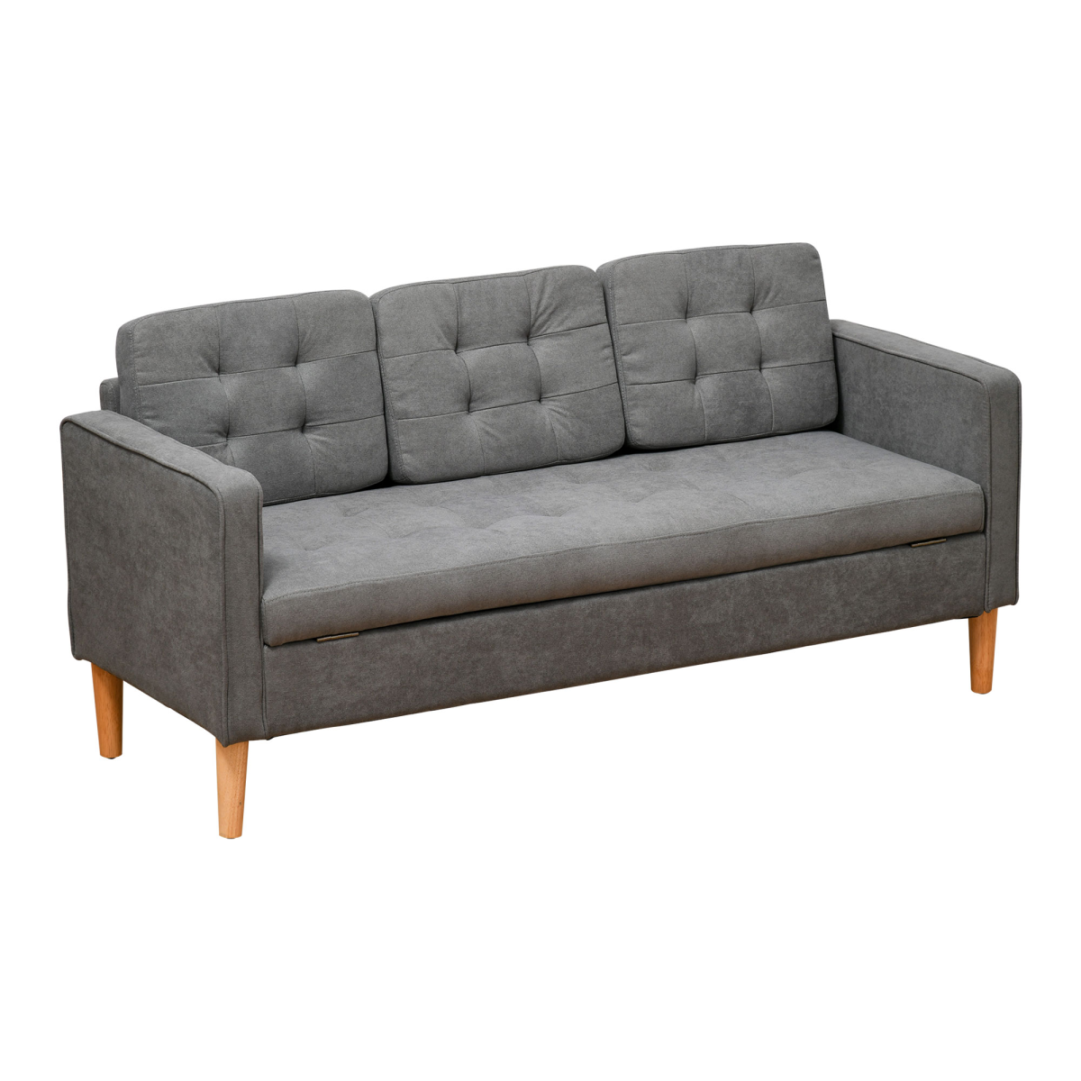 Homcom Grey Compact 3-Seater Sofa W/ Hidden Storage Rubber Wood Legs - Image 2