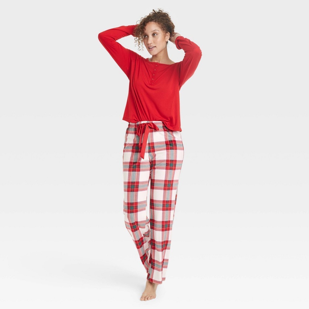 Women's Henley Pajama Gift Set Stars Above Cream Red Tartan Plain LG