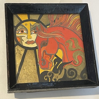 Small New Age Hand Drawn Picture Of Horse And Sund In Black Frame 10 cm Square