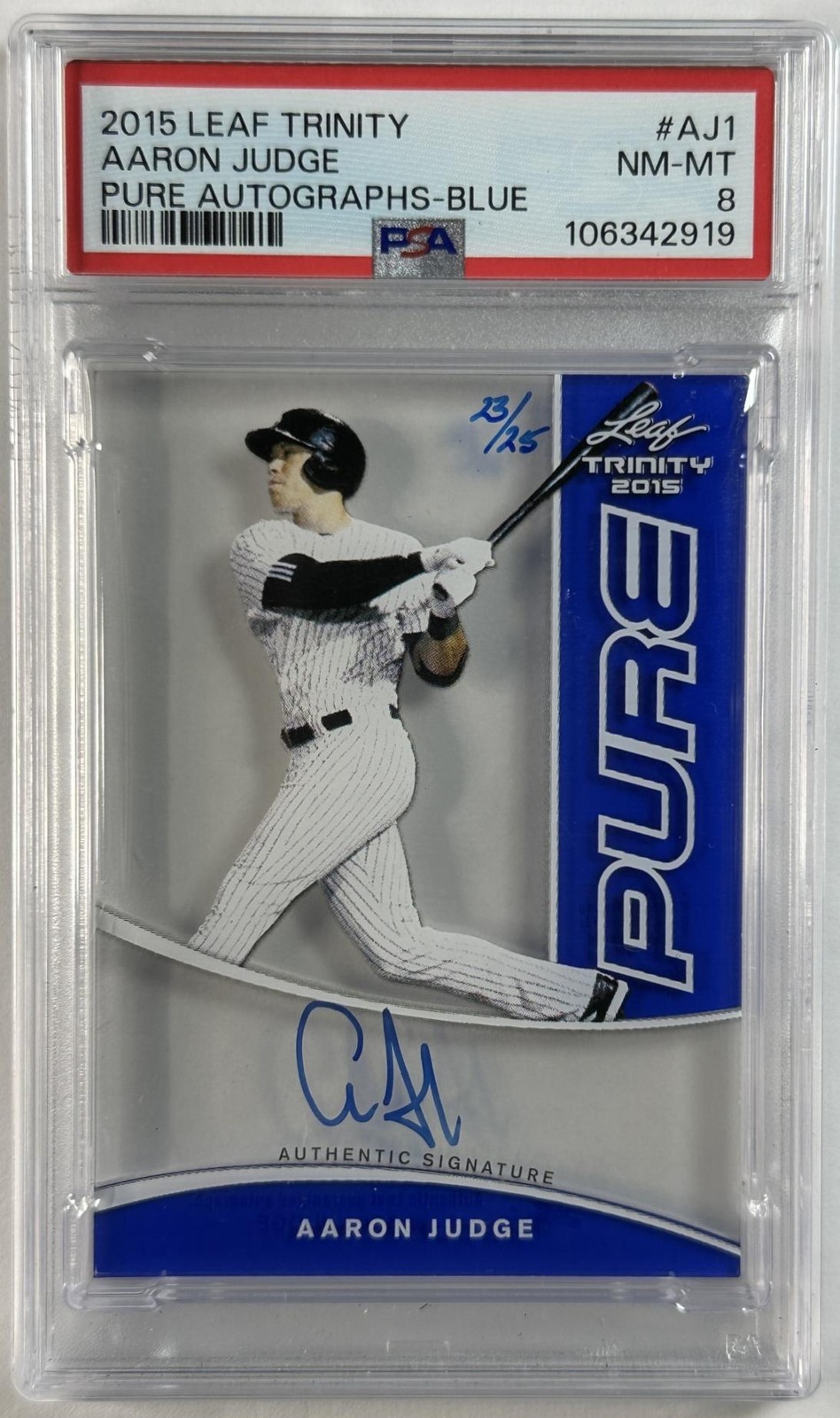 AARON JUDGE PSA 8 2015 LEAF TRINITY #P-AJ1 PROSPECT PURE AUTO BLUE 23/25