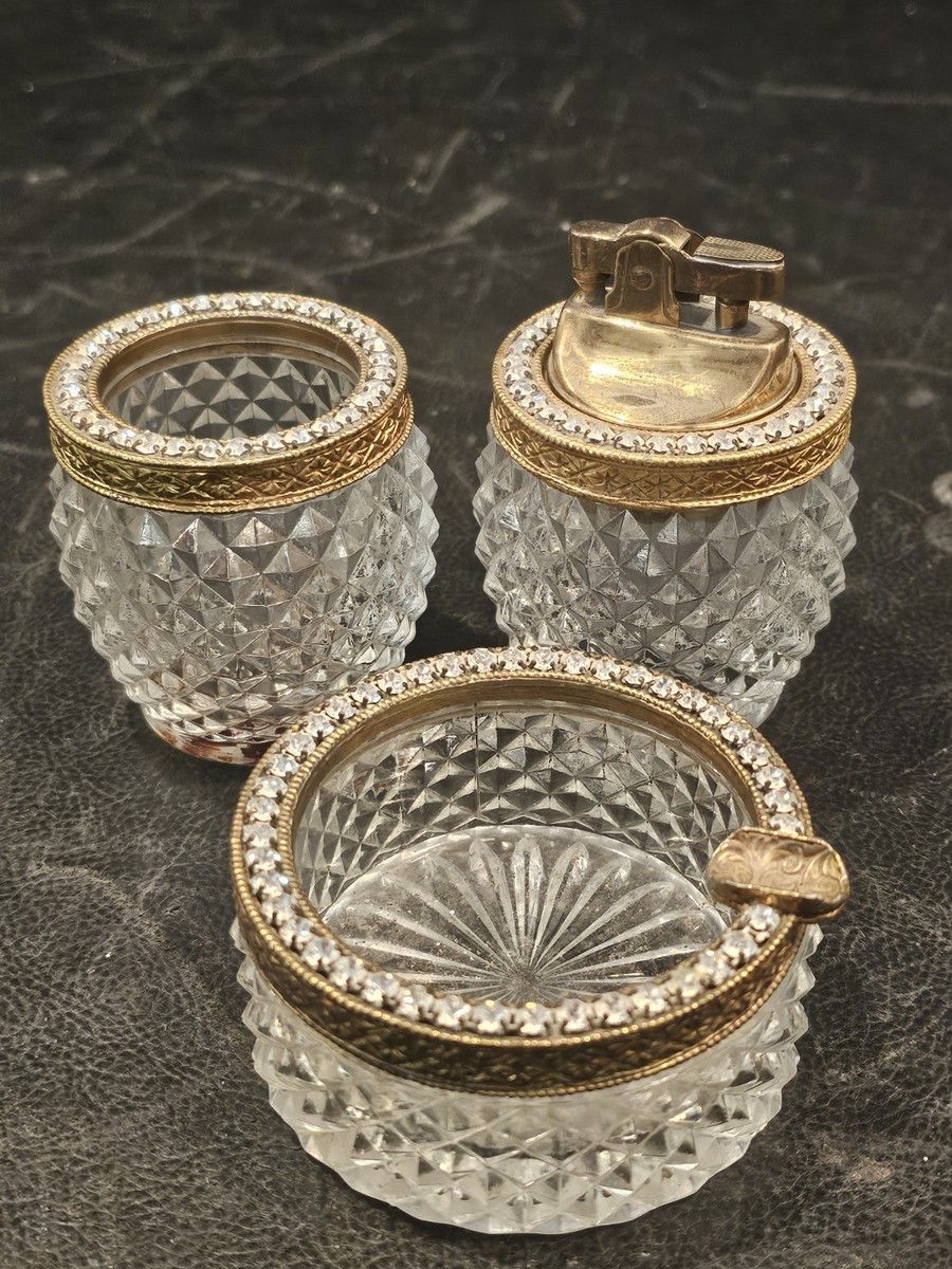 glass cigarette holder vintage Vtg Clear Cut Glass Smoking Set. Table Lighter, Ashtray, & Cigarette Holder