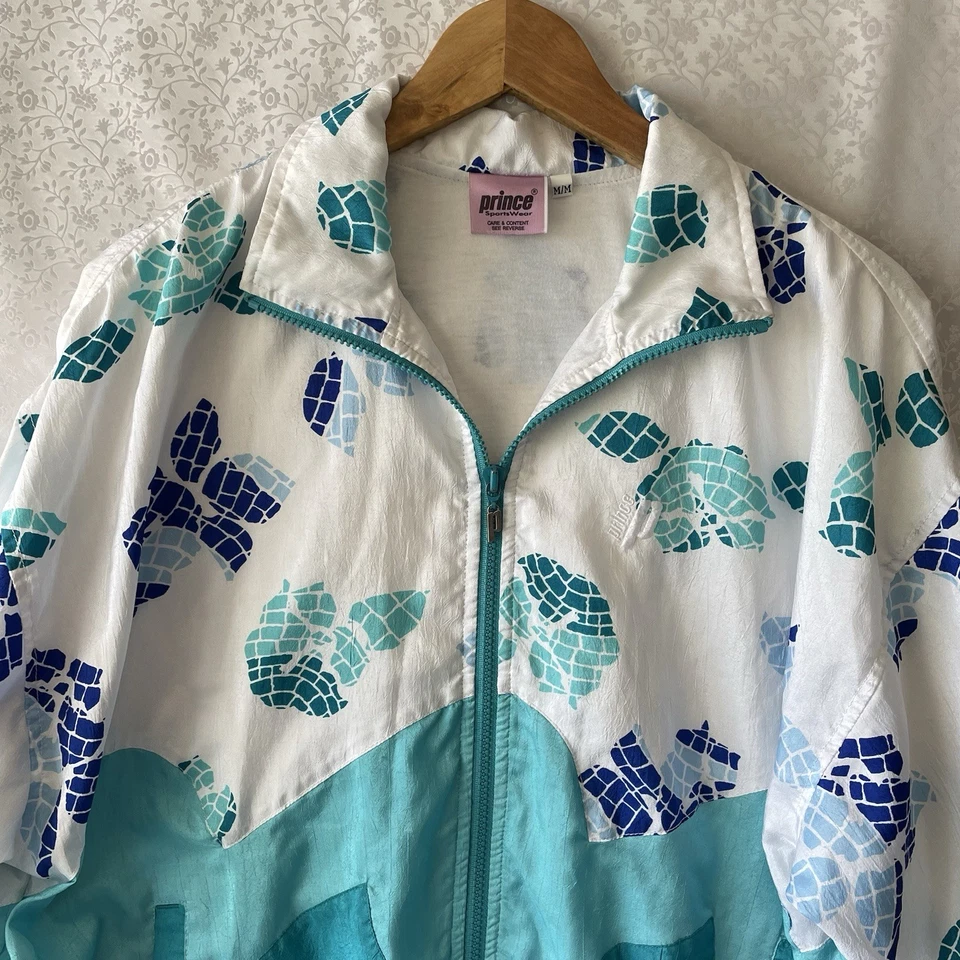 Prince 2 Pcs Set Tracksuit Tennis Jacket Pants green /white Floral M FullZip Vtg - Image 4 of 4