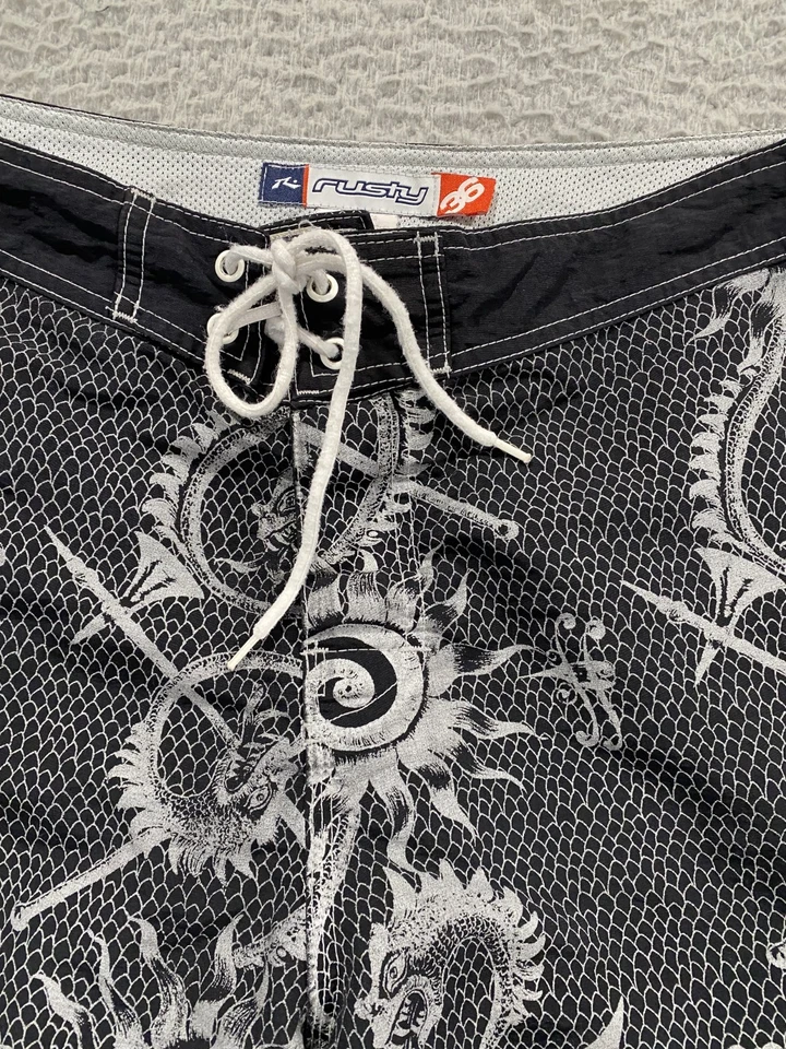 Rusty Shorts Mens 36 Black Dragon Nylon Board Made In USA Beach Surf VTG - Image 2 of 4