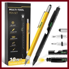 2 PCS 10-in-1 Multi Tool Pen Set, LED Tactical Pen, Stylus, Ruler, Bottle Opener