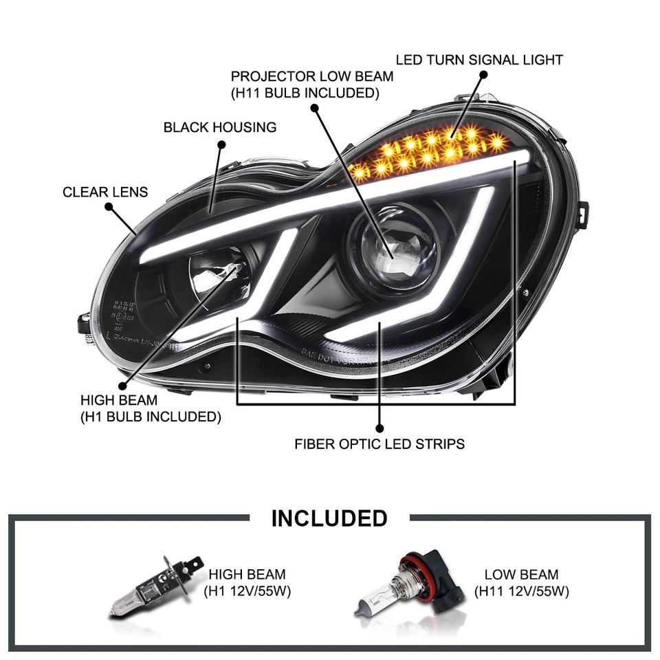 Fits Black 2001-2007 Mercedes Benz W203 C230 C240 LED Strip Projector Headlights - Image 3 of 4