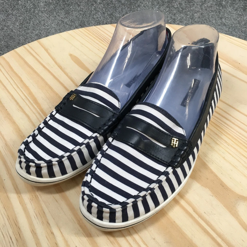 Tommy Hilfiger Zapatos Mujer 9.5 M Blanco Azul Mantequilla 3 Penny Mocasines Imitación Cuero Foto 3 de 4