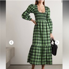 Ganni Dress Seersucker Check Maxi Smock in Plaid Green