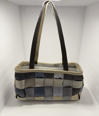 Harveys Original Seatbelt Bag Woven Tote Purse Gray Beige Blue Zip Top USA