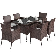 Outsunny Rattan Dining Set for 6 with Cushions, Glass Top Table, Brown