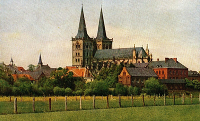 Xanten antike Ansicht des Doms über 100 Jahre alter Foto Farbdruck  19,8 x 12 cm