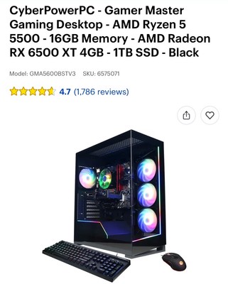 CyberPowerPC Gamer Master Gaming Desktop AMD Ryzen 5500 16GB RAM 1TB SSD 