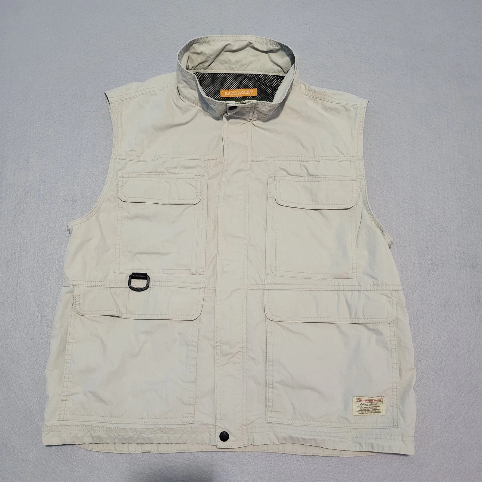 Eddie Bauer Vest Mens Large Fishing Hiking Guide Outdoors Full Zip Pockets Beige