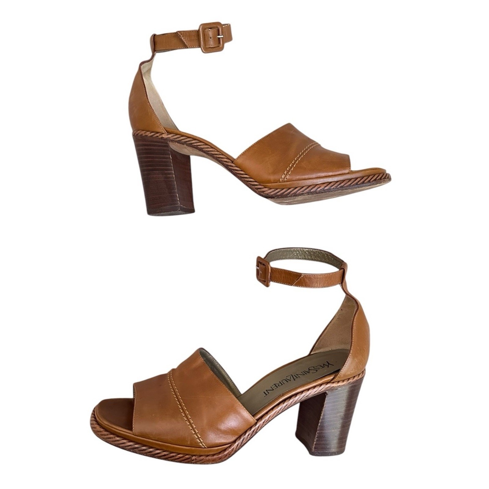 Sandali donna YSL Yves Saint Laurent tacco a blocco 8 5 pelle marrone boho lusso
