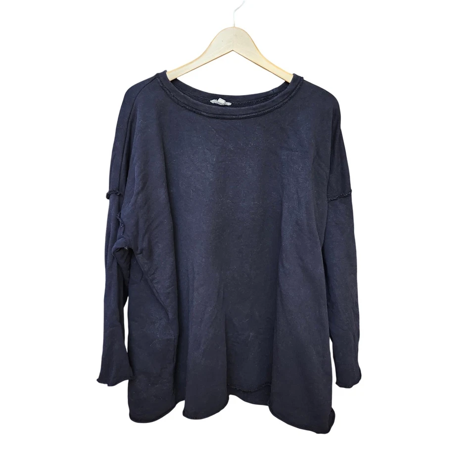 Sudadera Top Eileen Fisher Negra Dobladillo Crudo Envejecido Cuello Redondo Manga Larga XL TG Foto 4 de 4