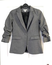 H&M Open Front Blazer Grey Checked Gathered Sleeve Size 6 