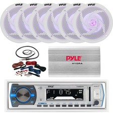 Pyle Single DIN Bluetooth Marine MP3 Receiver, 6x 5.25'' Speakers, Amp W/Kit