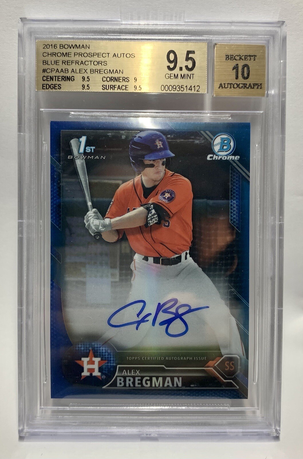 Alex Bregman 2016 Bowman Chrome Blue Refractor Auto Autograph # /150 BGS 9.5/10