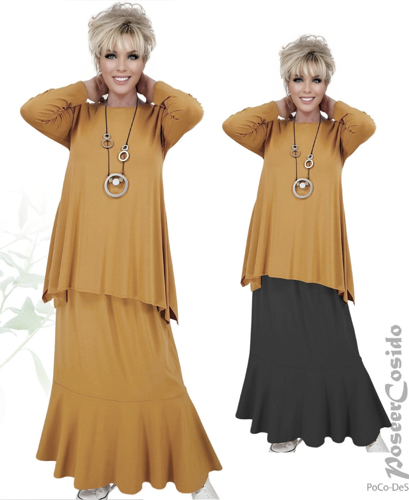 PoCo LAGENLOOK Godet-Rock schwarz & curry 44 46 48 50 52 54 56 58 L XL XXL XXXL