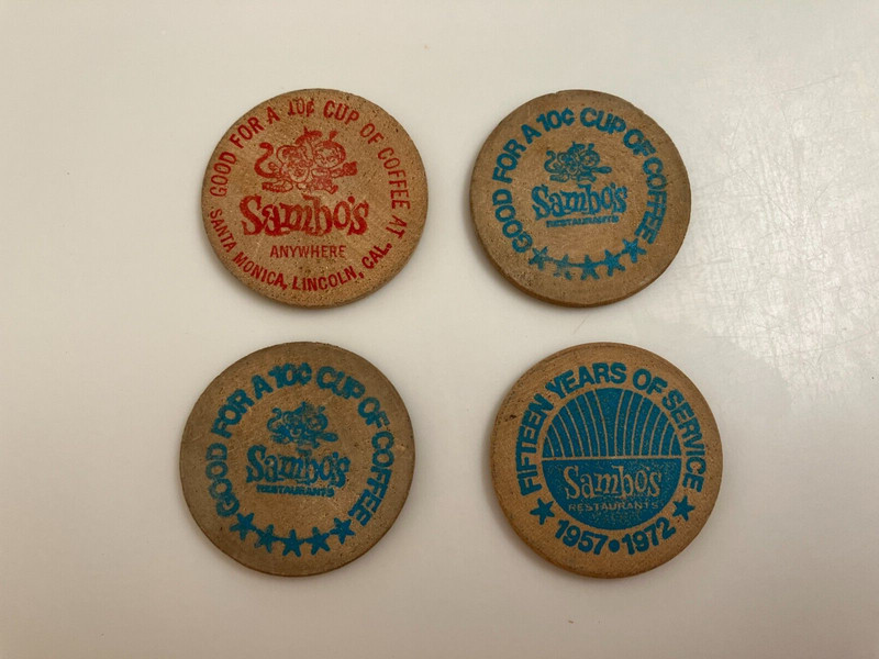 4 SAMBO RESTAURANTS WOODEN COFFEE COINS