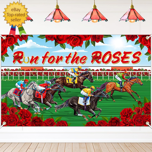 Kentucky Derby Backdrop Horse Racing Run for the Roses Banner Red Rose Kentucky