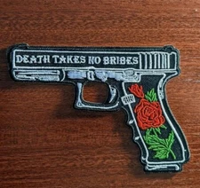 Death Takes No Bribes Rose Grip Hand Gun Punk Embroidered Iron On Patch 3x4"