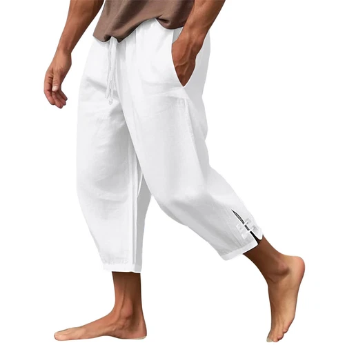 Men's Summer Cotton Linen Drawstring 3/4 Length Pants Casual Baggy Capri Shorts - Bild 38 von 39