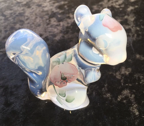 Fenton Opalescent Squirrel Glass Figurine Hand Painted Floral 3"