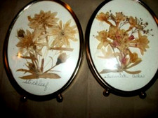 1960s DRIED FLOWERS PICTURES CONVEX GLASS OVAL FOOTED HANDMADE GOLD METAL MCM PR