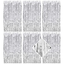 6 Pack Silver Foil Curtain Backdrop 3.2ft x 6.6ft Metallic Tinsel Fringe Back...