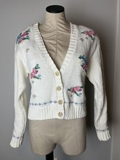 Vintage Liz Sport Cardigan Small Ivory Flowers Cottagecore Coquette Sweater Cozy