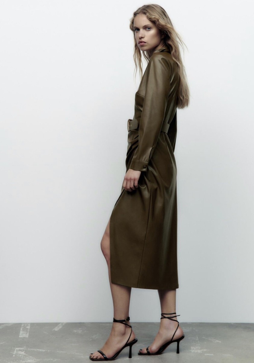 ZARA WOMAN'S FAUX LEATHER Olive Green SHIRT DRESS WITH BELT SIZE XS : NWT |  eBay