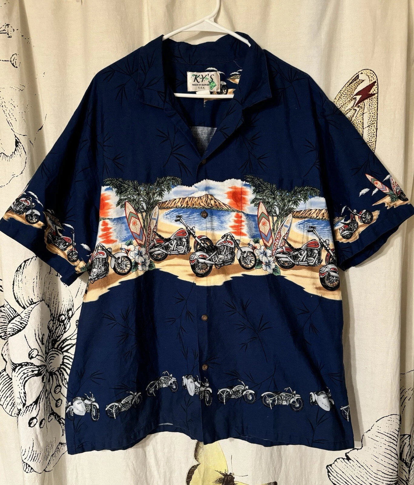 Ky's Hawaiian Shirt Large Made in Hawaii, USA Island Motorcycle Sunset Surfboard