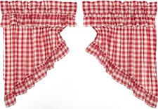 36”L Drawstring Ruffled Country Prairie Swag Set Red Annie Buffalo Check Cotton