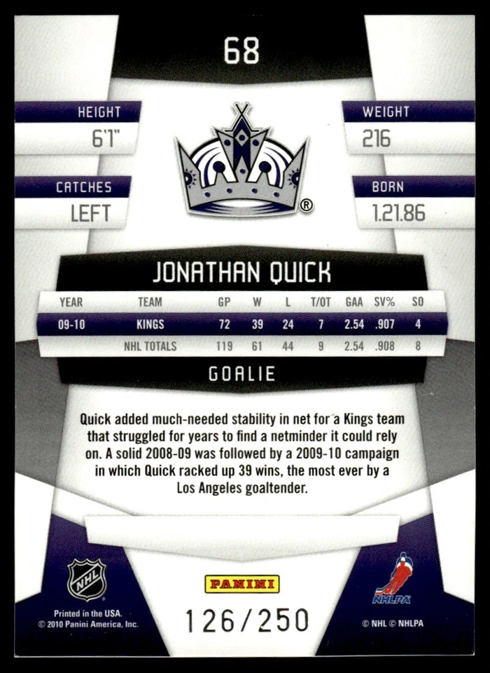 2010-11 Panini Certified Jonathan Quick 126/250 Los Angeles Kings #68 - Image 2 of 2