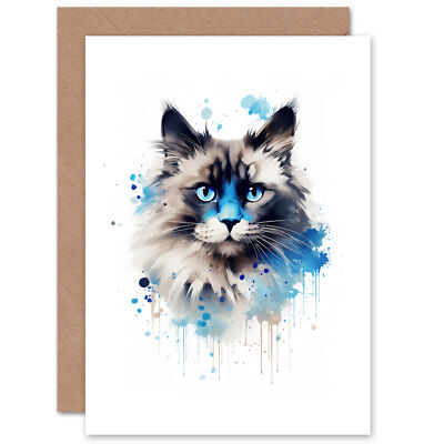 Birman Katze Liebhaber Geschenk Aquarell Haustier Portrait Gemälde Blanko Grußkarte