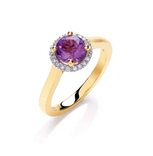9ct Yellow Gold Round Cut Amethyst and Diamond Ring,  Sizes J to Q (0871)