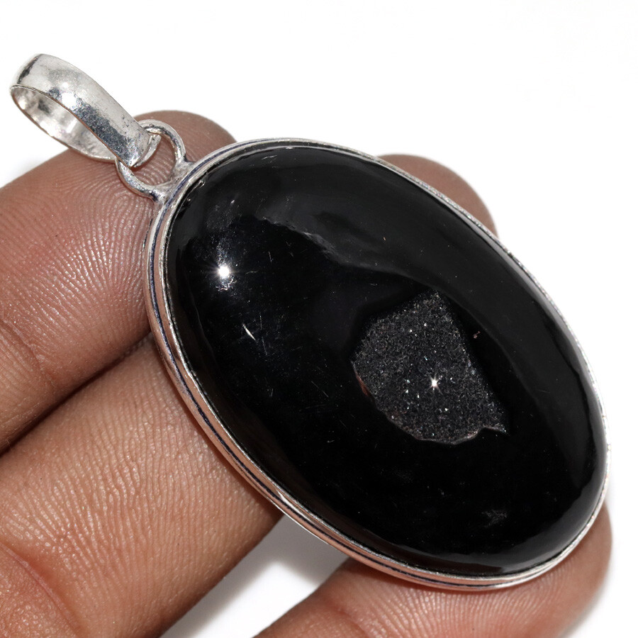 Black Botswana Druzy 925 Silver Plated Gemstone Handmade Pendant 2.3