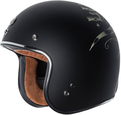 T50 3/4 Shell Retro Style Motorcycle Helmet Flat Black Bullhead Graphic XX-Large
