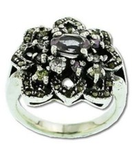 Sterling Silver 24 Marcasite 13 Amethyst Flower Ring