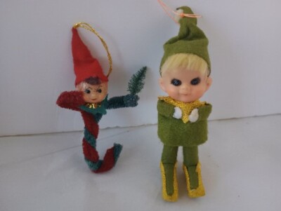 Vtg Japan Green Felt Pixie Elf & Chenille Candy Cane Elf Christmas Ornaments Lot