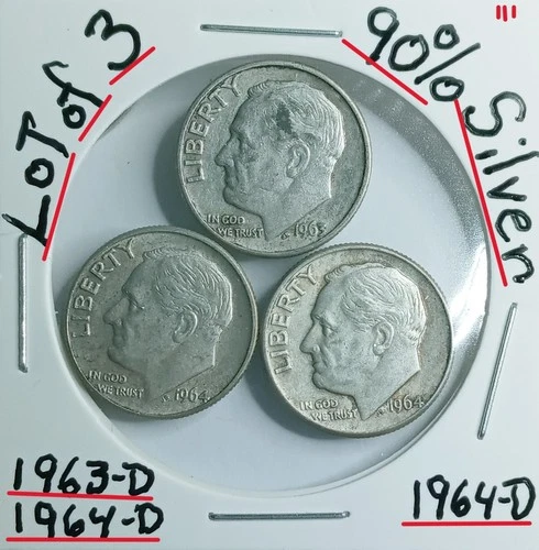 Roosevelt Silver Dimes Lot of 3 1963-D 1964-D 1964-D VG Condition Look@& Judge**