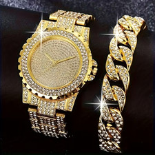 Men Two Piece Watch And Bracelet Set Luxury Quartz Watch with Rhinestones Gift