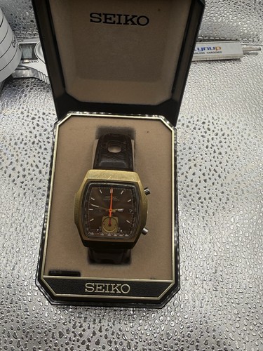 Seiko Monaco Chronograph Brown Dial Gold Cushion Case Leather Band 7016-5020S