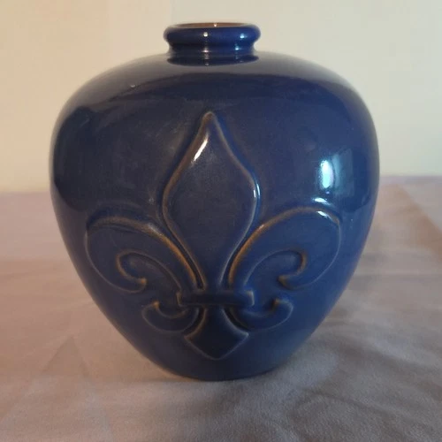 Frankoma Ceramic Vase, Blue, Fleur de Lis, Glossy Finish, Art Pottery