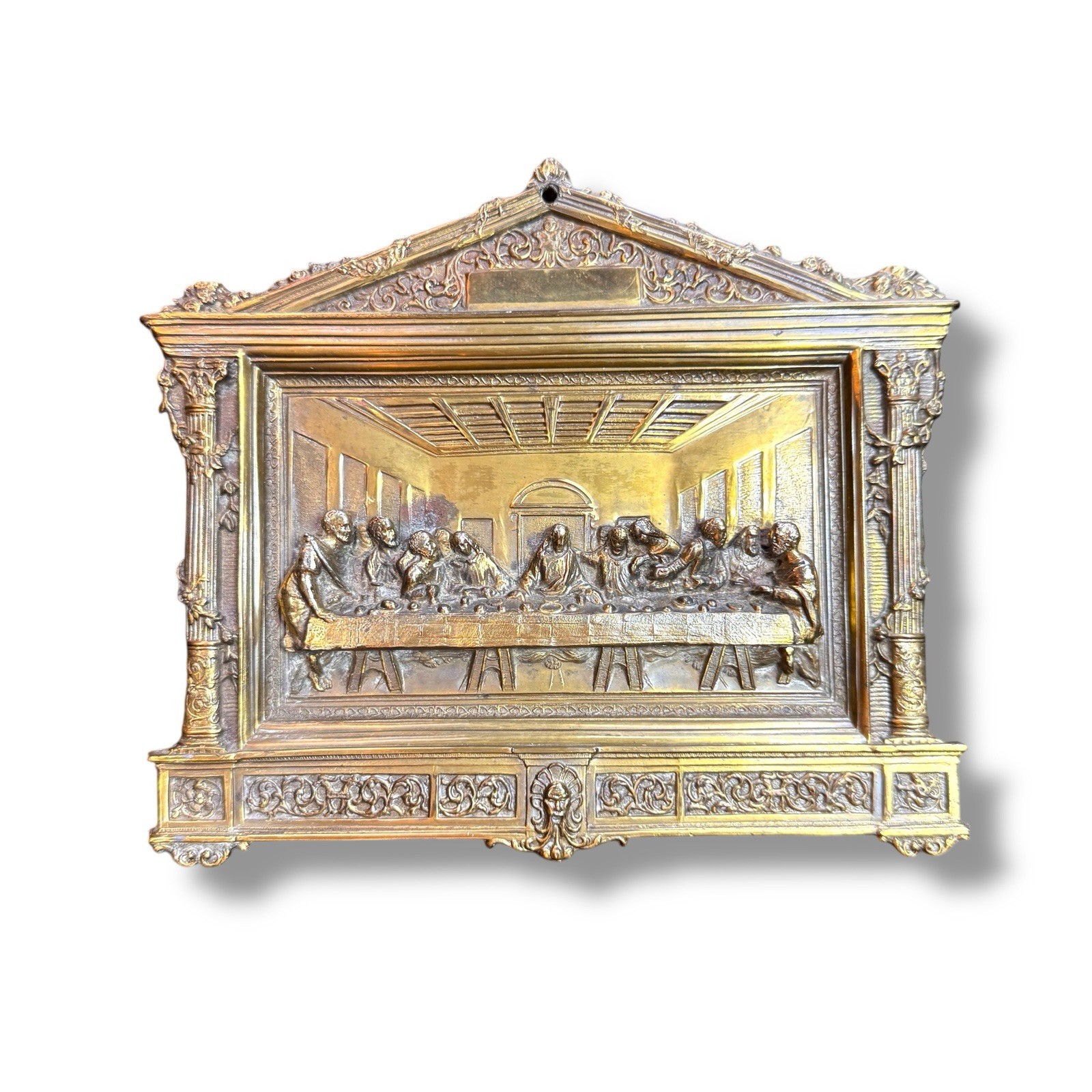 Vintage Last Supper Wall Plaque Gold Tone Cast Metal Religious Art USA HEAVY