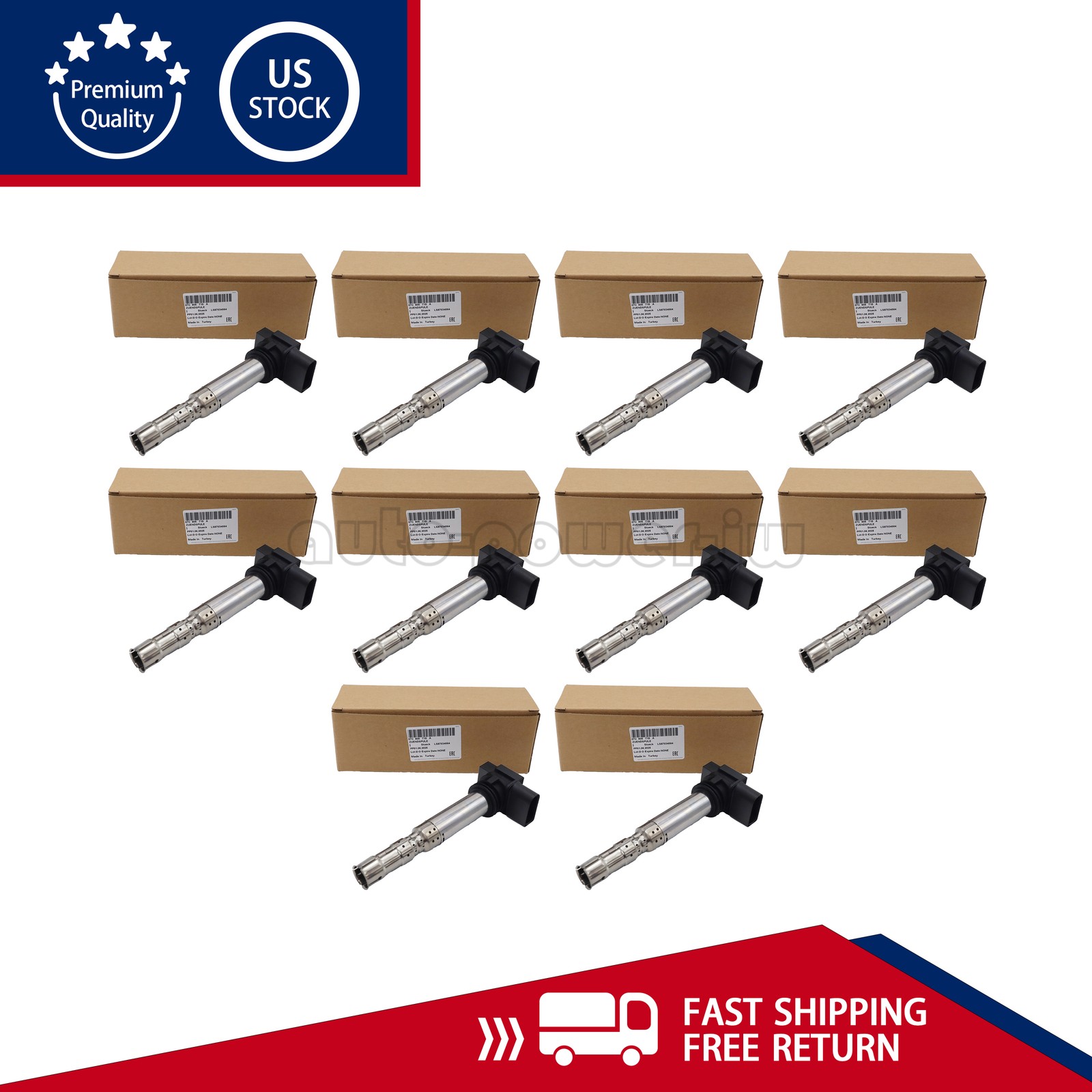 10PCS Ignition Coil Kit For 03-12 Bentley W12 6.0L 05-09 Audi A8 6.0L 07C905715A