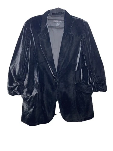 Rachel Zoe Black Velvet 3/4 Ruched Sleeve Collared Stretchy Blazer Jacket Large