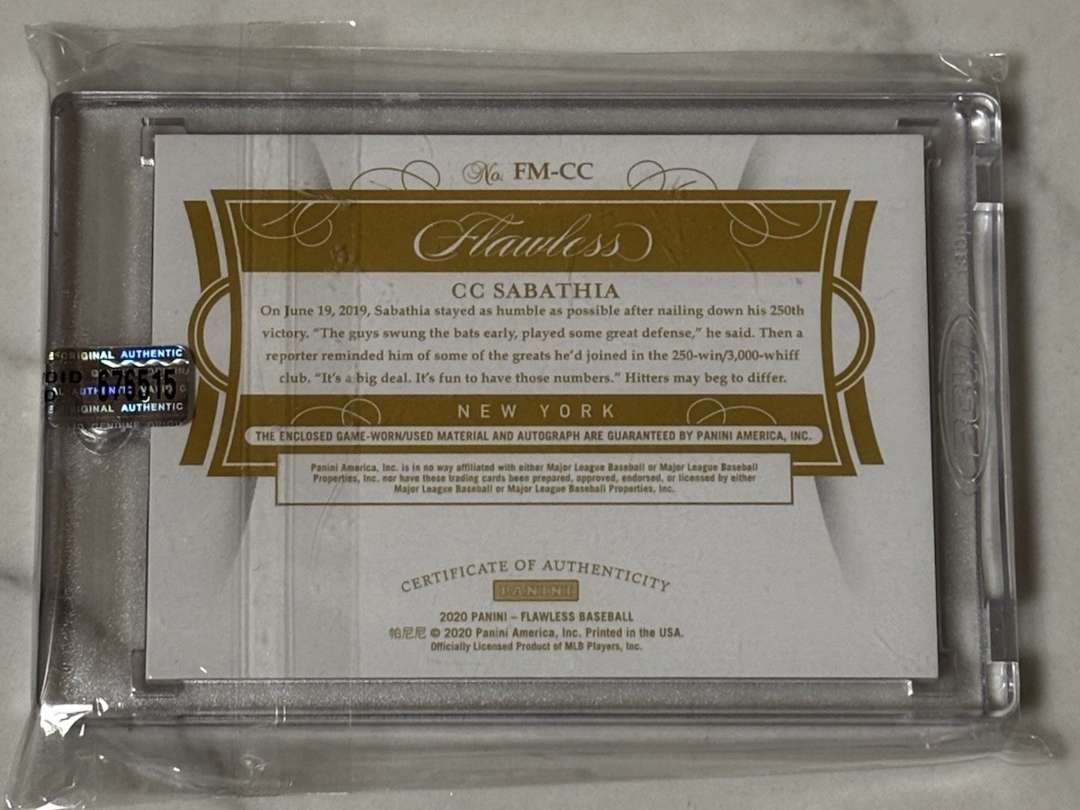 2020 Panini Flawless Milestones C.C. Sabathia #FM-CC #2/15 [Patch/Auto] Yankees view 2