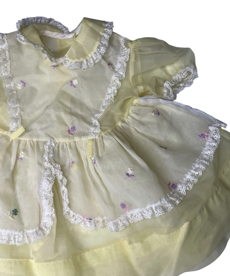Vintage Yellow Sheer Toddler Dress Size 2 Embroidered Flowers Lace Trim - Image 3 of 3